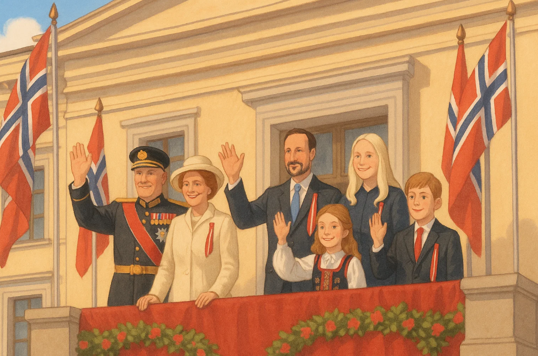 Kongefamilien vinker fra balkongen på slottet