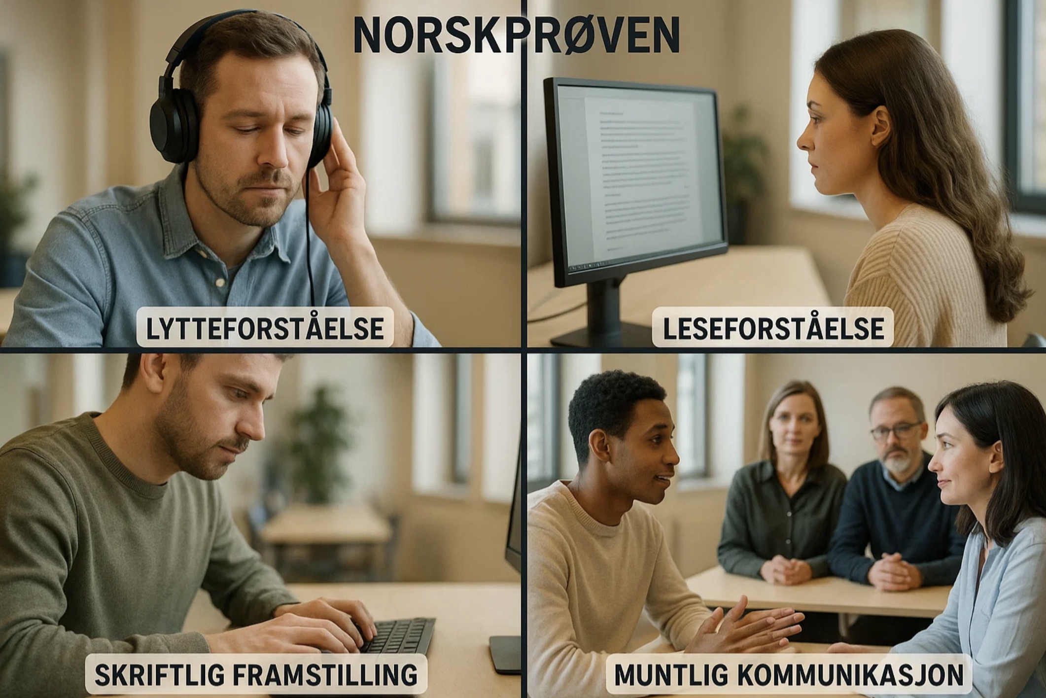 Personer som gjør norskprøven på datamaskin